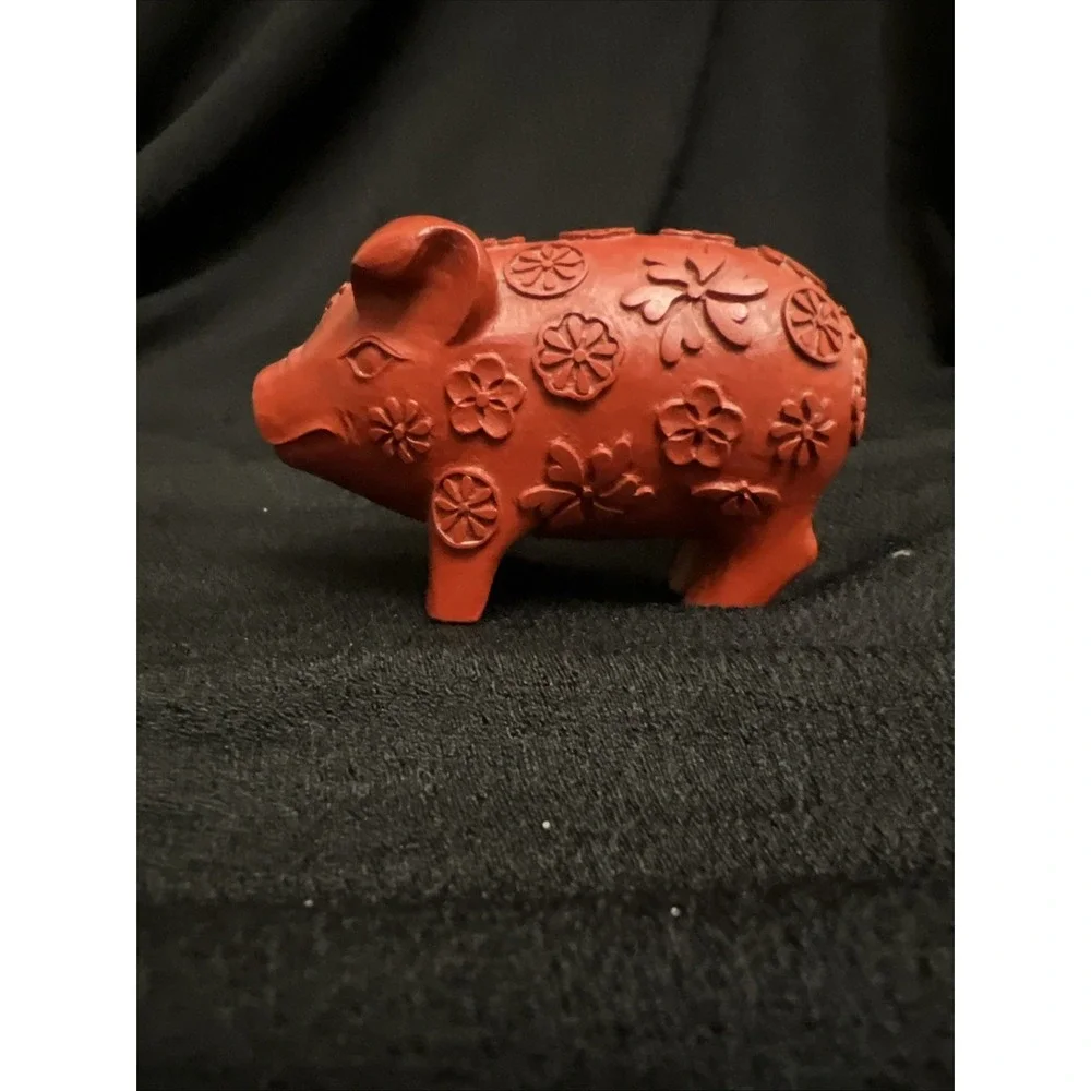 Red Little Pig Floral Carvings Cute Smile 2.25 In Tall X 3.25 Long